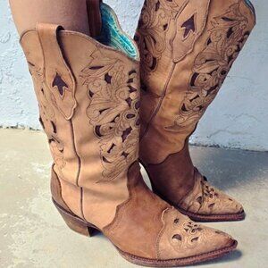 Corral Vintage Western Cowboy Boots Brown Flower Overlay Snip Toe 8.5